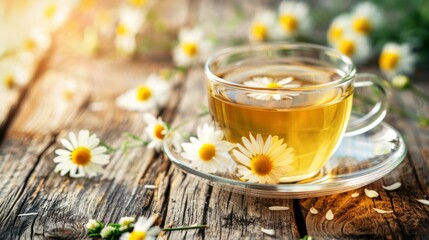 Delicious chamomile tea in glass cup on wooden table