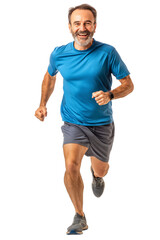 Middle-Aged Man Jogging in Blue Shirt and Gray Shorts