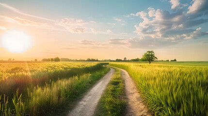 Fototapeta premium Country road and green wheat fields natural scenery at sunrise : Generative AI