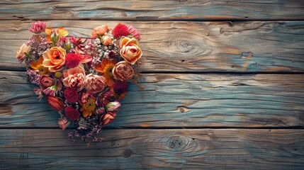 Capture the essence of Valentine s Day with a stunning vintage heart made out of flowers resting on a rustic wooden table setting the perfect backdrop for a romantic celebration