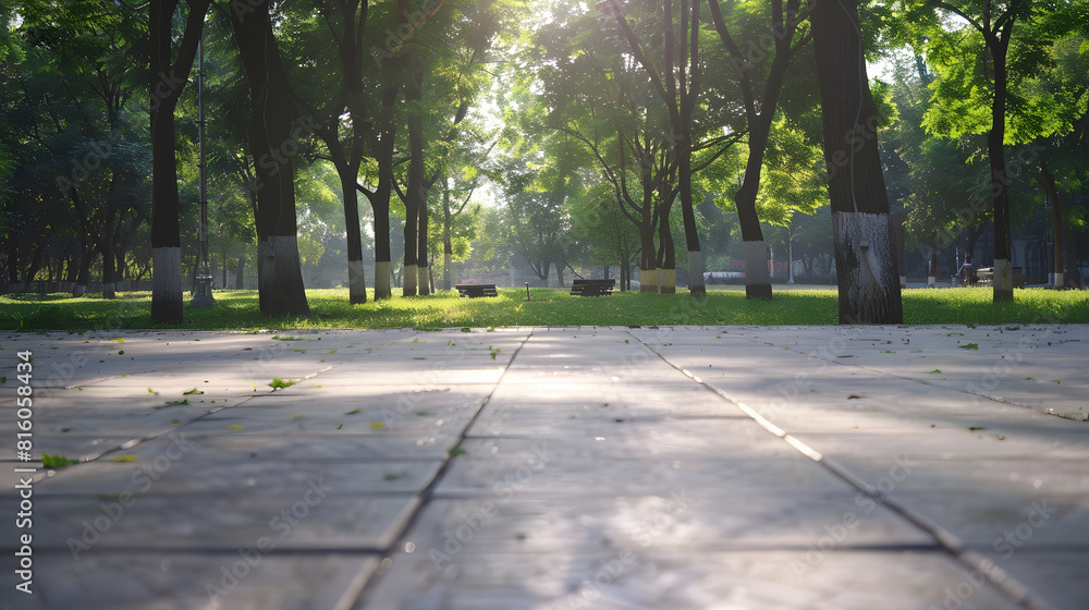 Poster empty square floor and green forest in the city park : generative ai
