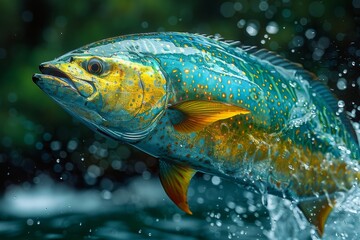 Fototapeta premium Mahi-Mahi Dorado leaping out of the water, perfect for sport fishing promotions. 