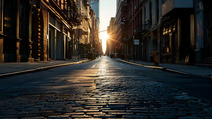 Empty street at sunset time in SoHo district in Manhattan New York : Generative AI