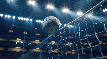 A close-up of a volleyball on a net in a professional sports arena with spotlights and stands. A 3D...