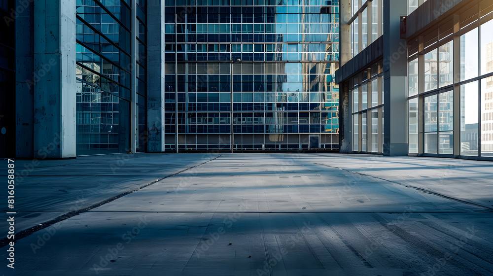 Aufkleber empty concrete floor in front of modern buildings in the downtown street copy space for parking lot 