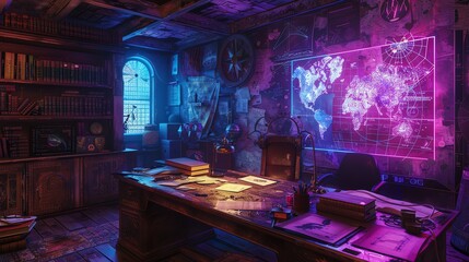 Fantasythemed home office with medieval maps and ancient astrological instruments