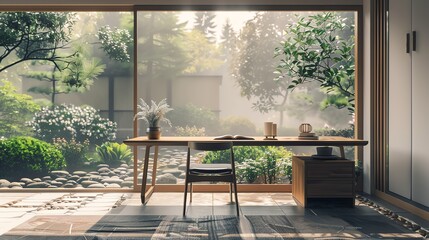 Minimalist writer s nook with a simple desk facing a serene garden view Japanese minimalism, Soft hues, Watercolor, Includes a zen garden visible through floortoceiling windows