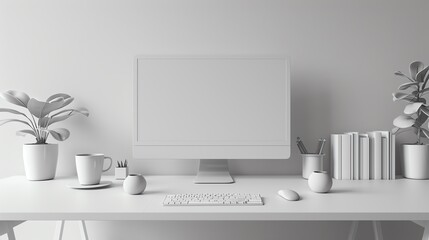 Remote work environment, organized desk with monochrome accessories, clean background, detailed 3D modeling