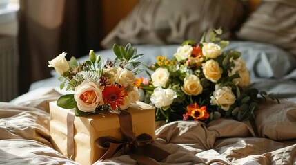 Floral arrangement next to a present box on the bed