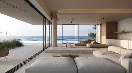 An expansive modern living room in a luxury beachfront home with large windows showcasing a breathtaking ocean view..