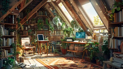 Fototapeta premium Remote worker in a cozy, bohemianstyle attic space filled with plants, books, and a vintage typewriter, using a futuristic AI hologram assistant, rendered in watercolor