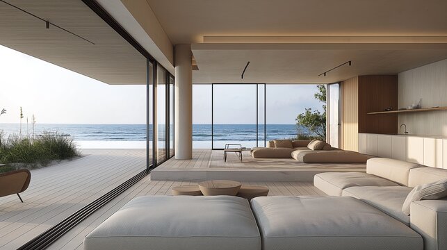 An expansive modern living room in a luxury beachfront home with large windows showcasing a breathtaking ocean view..