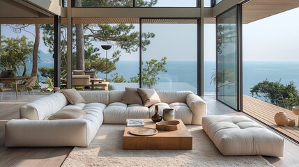 An expansive modern living room in a luxury beachfront home with large windows showcasing a breathtaking ocean view..