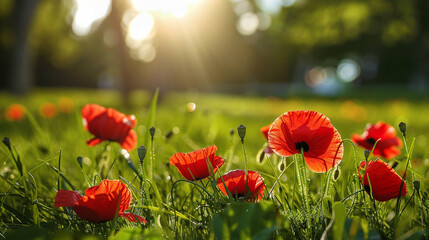 Obraz premium field of red poppies with blurred background