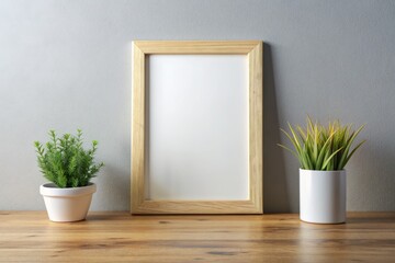 Mock up frame with plant on wooden table and grey wall background