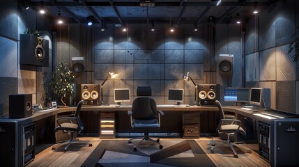 Streamlined home studio for a podcaster with soundproofing and advanced recording equipment Modern, Dark palette, Sketch, Includes hightech mics and monitors in a compact space