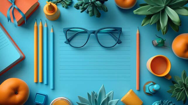 Lesson plan flat design top view learning theme 3D render Complementary Color Scheme,