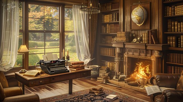 Vintage writer s den with typewriter, leatherbound books, and an antique globe Vintage, Sepia, Sketch, Warm lighting with a fireplace and a view of a secluded garden outside