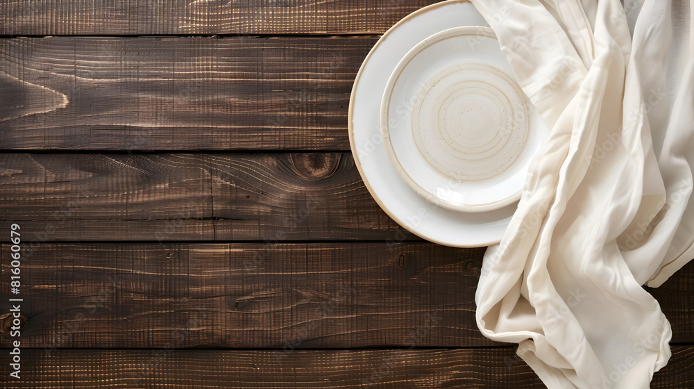 Aufkleber Empty plate and linen napkin on brown wooden background Copy space Top view  Image : Generative AI