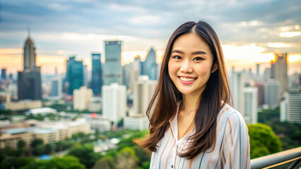 Fototapeta premium A close-up portrait of a smiling brunette Thai woman outdoors