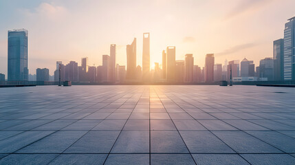 Empty square floors and city skyline with modern buildings at sunset in Suzhou Jiangsu Province China high angle view : Generative AI