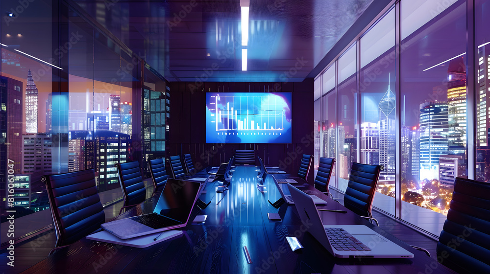 Poster modern empty meeting room with big conference table with various documents and laptop on it wall tv 