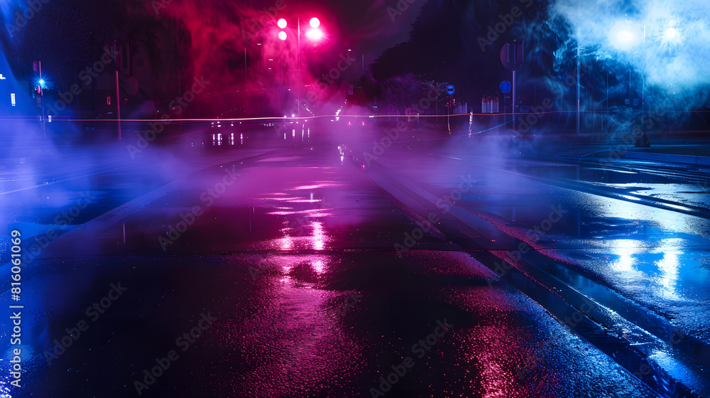 Poster wet asphalt reflection of neon lights a searchlight smoke abstract light in a dark empty street with