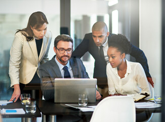 Business, people and meeting in office with laptop for teamwork, collaboration and plan as...