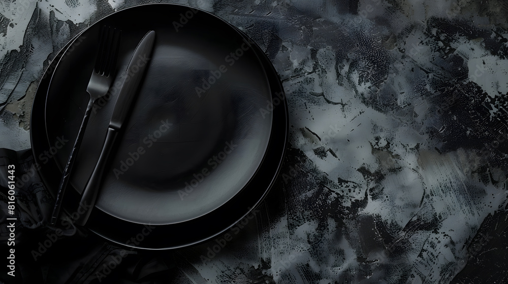 Leinwandbilder black empty plate cutlery and napkin on a stone table top view table setting : generative ai