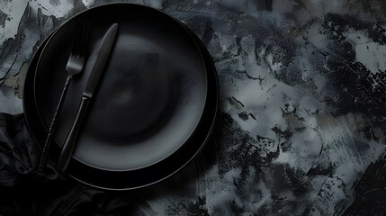 Black empty plate cutlery and napkin on a stone table top view Table setting : Generative AI