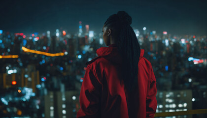 photo of beautiful adult african woman standing posing for picture at night future city in background, generative AI
