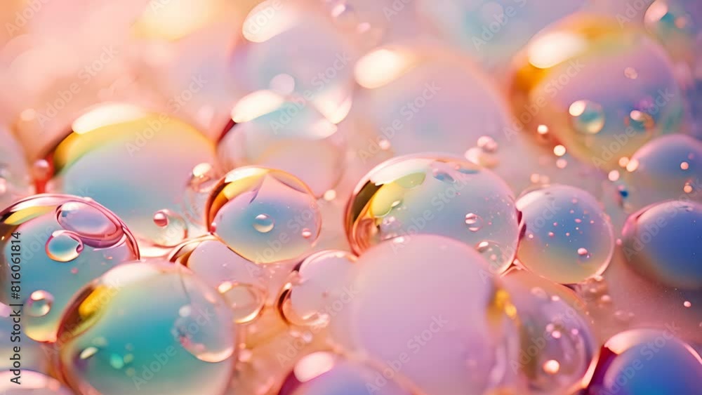 Poster Pink holographic bubbles floating on the soft colorful abstract background in beautiful vivid tones