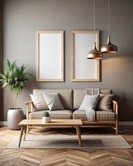 Interior of modern living room with beige walls, wooden floor, brown sofa and two vertical mock up posters.