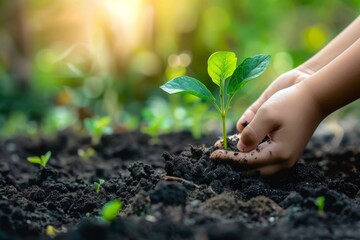 Hands planting a young seedling into soil, bright blurred background, symbolizes new beginnings and growth, importance of nurturing the environment and sustainability, caring for the environment