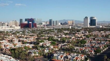 Aerial shot of Las Vegas City Strip Skyline Casinos Highway Car Traffic 28
