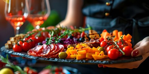 Obraz premium Woman's hands holding a charcuterie board featuring Italian antipasti or Spanish tapas. Concept Food Styling, Charcuterie Presentation, Culinary Art, Gourmet Appetizers