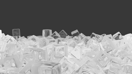 Several small square shaved ice cubes On a black background.3D render.