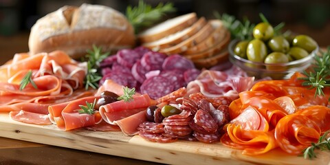 Elegantly Composed Charcuterie Board Featuring Cured Meats, Olives, Pickles, and Artisan Bread. Concept Food Styling, Charcuterie Art, Gourmet Presentation, Delicious Creations, Artisan Appetizers