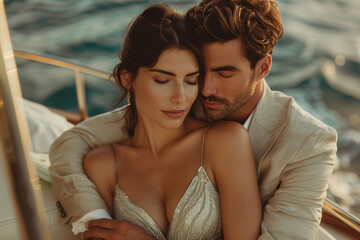 Embraced couple enjoying a romantic moment on a boat, amidst ocean waves.