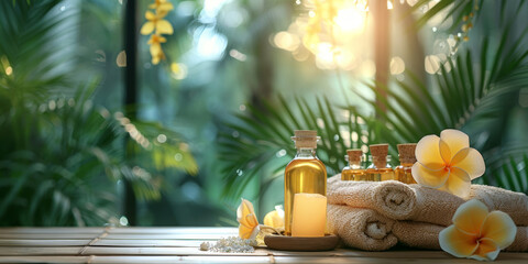 Spa essentials set amidst tropical ambiance, offering a peaceful wellness retreat.