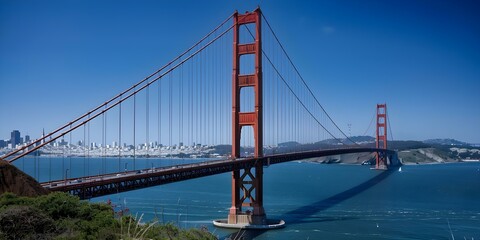 Iconic Golden Gate Bridge over San Francisco Bay with city skyline in view. Concept Travel, Landmarks, Photography, Architecture, Golden Gate Bridge
