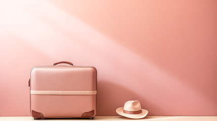 Pink wall whispers tales of travel, adorned with a blush suitcase and sunlit tan hat.