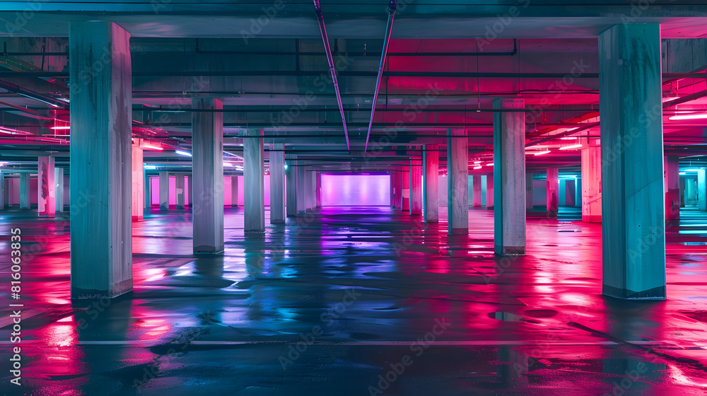 Poster abstract empty parking interior with concrete pillars and neon lights modern architecture background