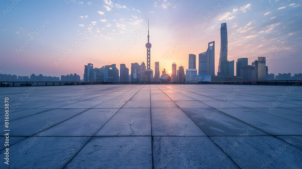 Poster empty square floor and city skyline with buildings in shanghai at sunset china : generative ai