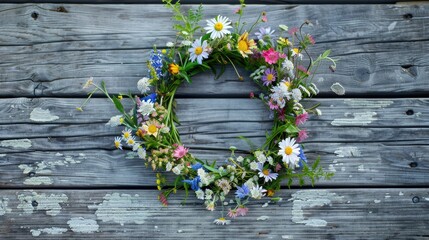 A beautiful wreath of meadow flowers rests on a weathered wooden surface exuding a rustic charm This floral crown steeped in tradition symbolizes the vibrant celebration of Summer Solstice 