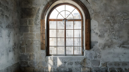Fototapeta premium Arched window in concrete and stone wall with wooden boarding : Generative AI