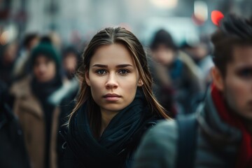 A young woman's intense gaze stands out in sharp contrast to a blurred crowd of people around her in an urban setting