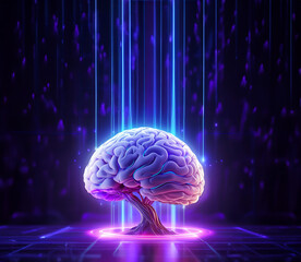 AI Brain Tree Technology Future System Learning Concept | Creativity Knowledge Neural Energy Circuits Modern Analysis Data | Neon Purple and Blue Lights Artificial Intelligence Communication Thinking