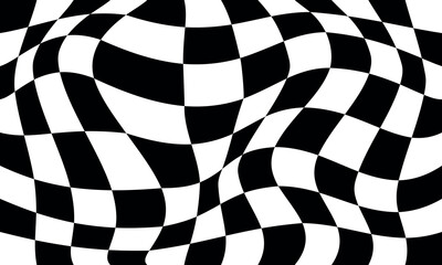 Groovy psychedelic black white checkerboard vector background. Retro 70s abstract wavy checkered pattern