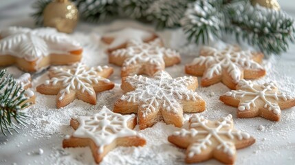 Christmas themed homemade cookies with powdered sugar icing Winter themed baked treats with fir tree branches covered in snow